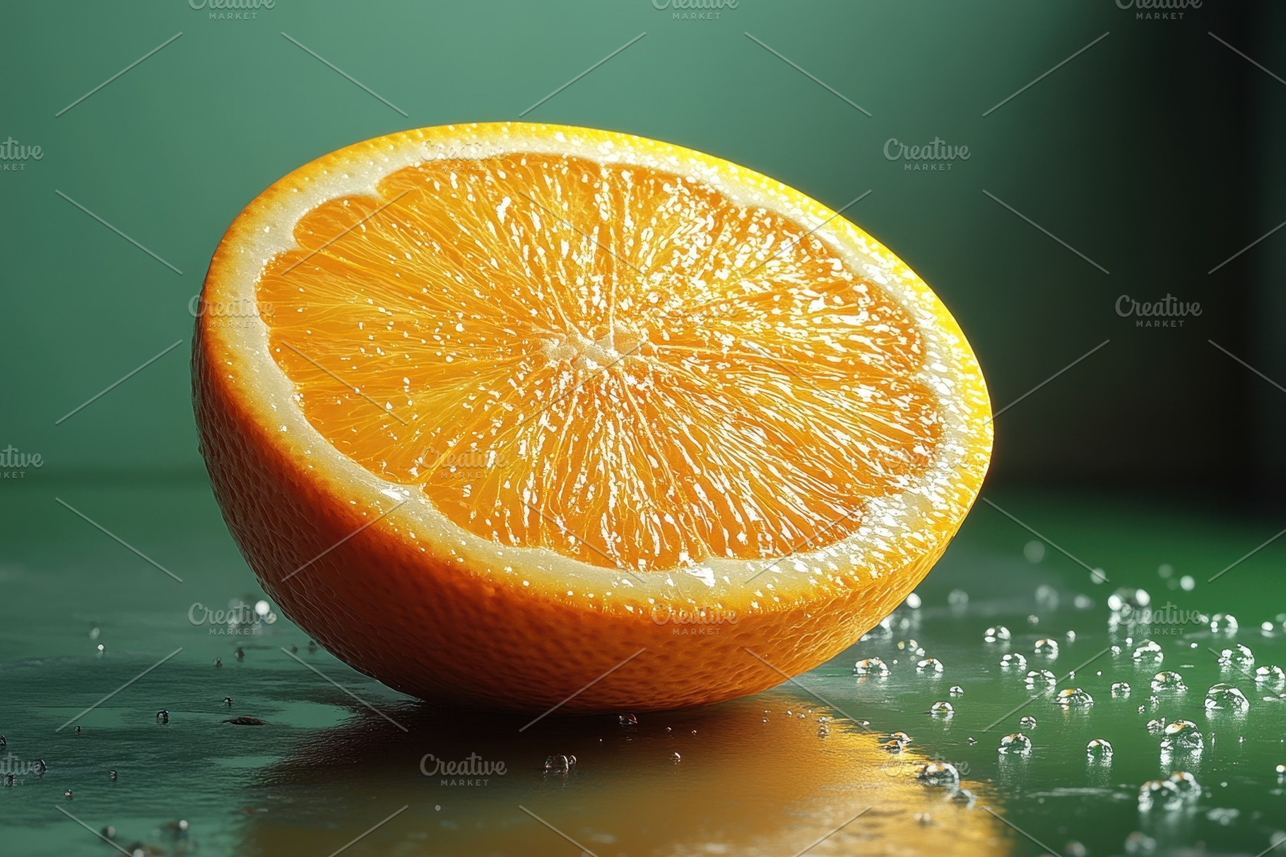 Freshly cut orange with water drople, a Photo by Tanuart