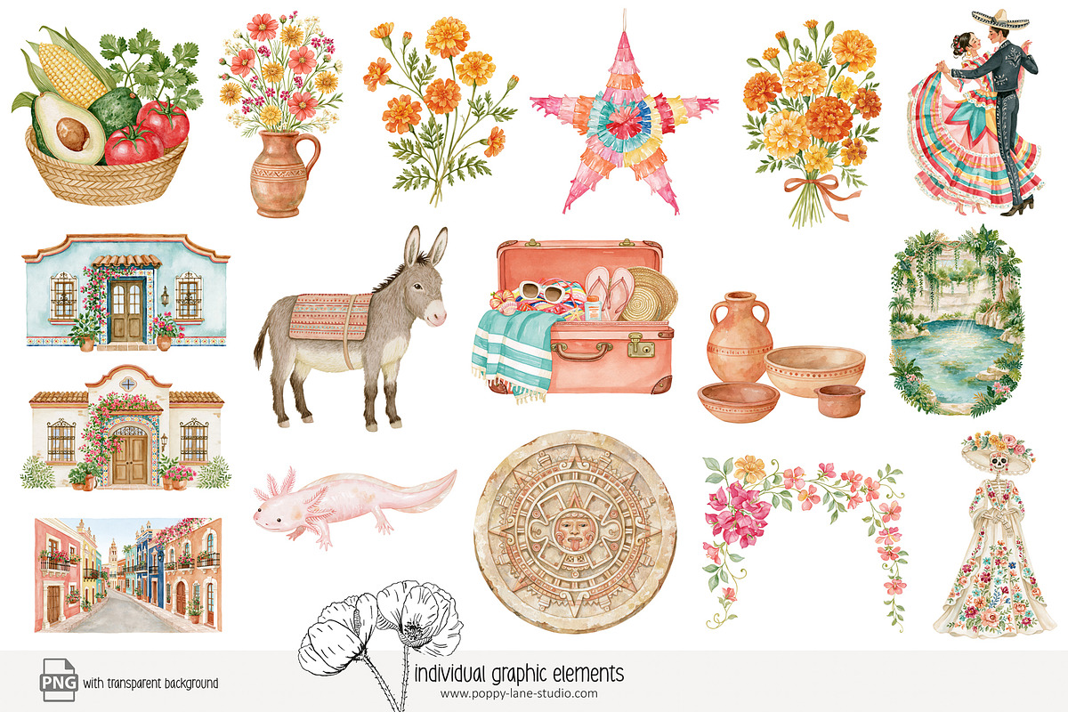 140 watercolour Mexico clip art, a Person Illustration by Poppy Lane Studio