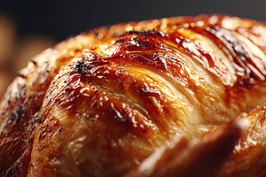 Close-up of golden roasted chicken with crispy glazed skin, a Food & Drink Photo by AlyaAnd