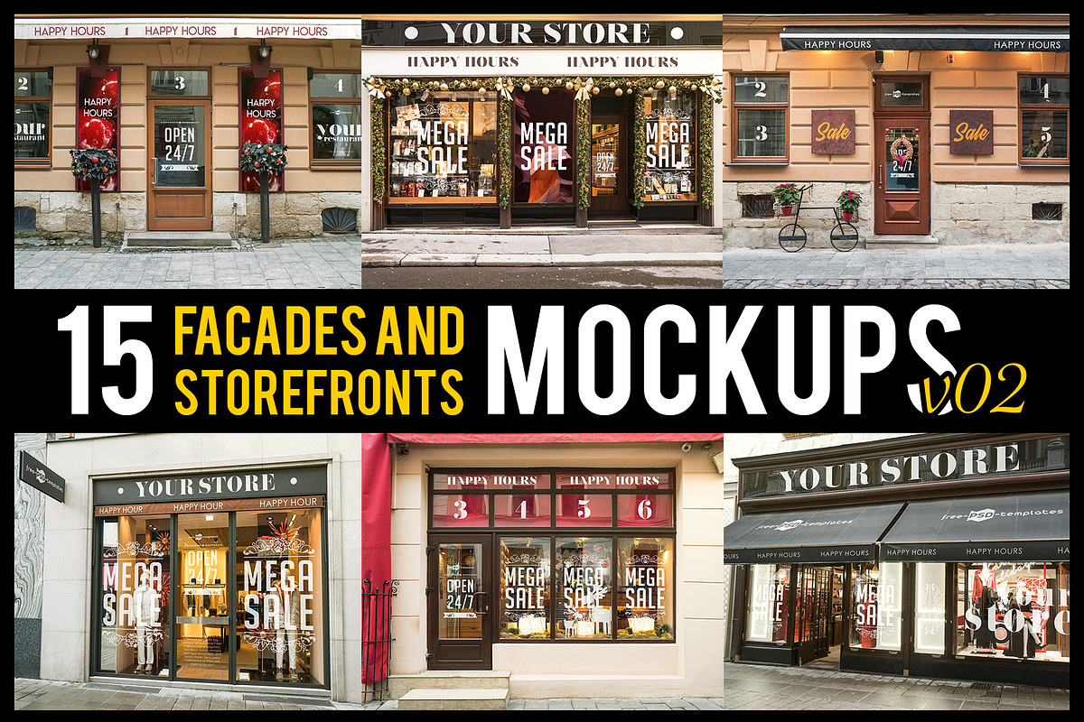 15 Facades and StoreFrontsV2 MockUps, an Advertising Mockup by Free-PSD-Templates (Photo 1 of 7)