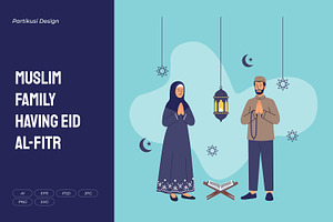 Muslim Family Having Eid Al-Fitr, a Seasonal Illustration by Partikusi Design