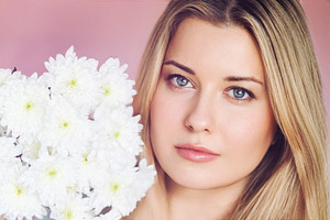 Floral beauty and serene portrait, blonde woman with blue eyes h, a Person Photo by Studio ANNA