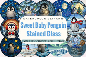 Sweet Baby Penguin Stained Glass Cli, an Illustration by SVGArt