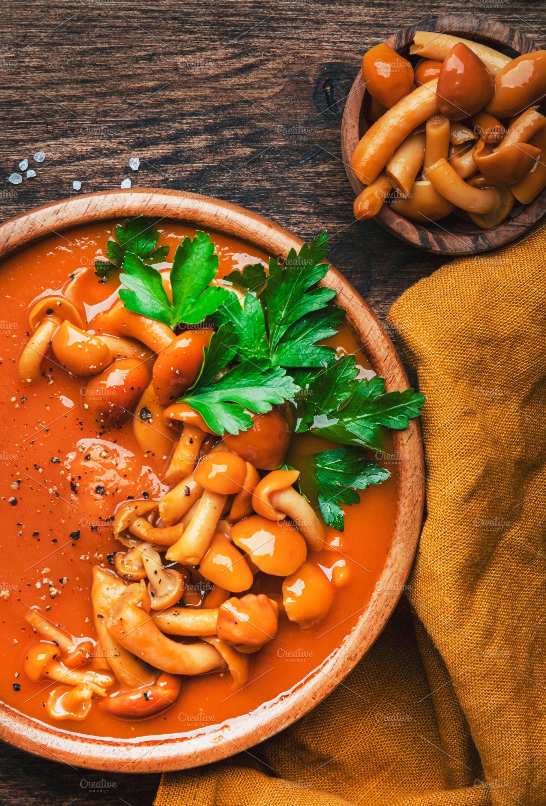 Vegan creamy pumpkin soup with mushrooms, hot pepper and parsley, a Food & Drink Photo by 5PH