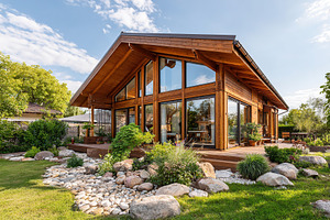 Modern swiss chalet with green grass on mountains background, a Photo by AlyaAnd
