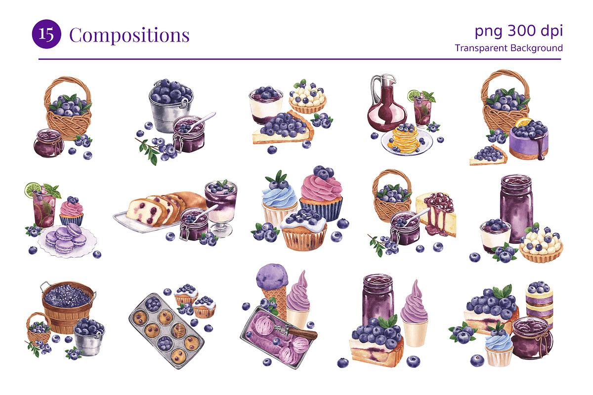 Blueberry Watercolor Hand Drawn, a Food Illustration by CreativeValuation (Photo 3 of 17)