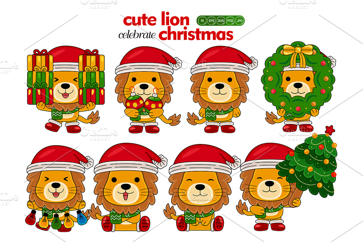 cute lion celebrate christmas, an Animal Illustration by MEDZ (Photo 2 of 2)