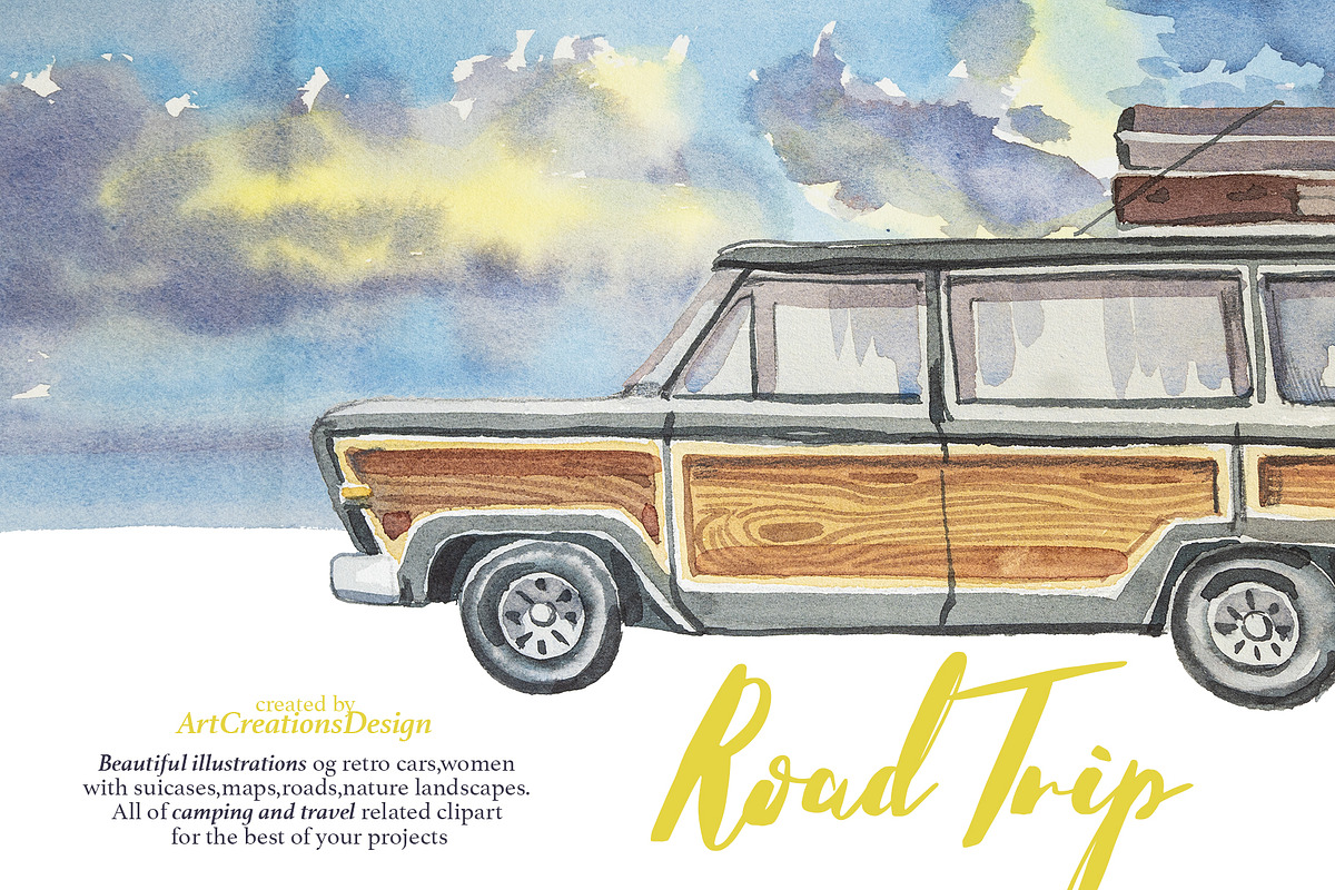 Watercolor Road Trip Clipart Set, a Person Illustration by ArtCreationsDesign (Photo 5 of 19)