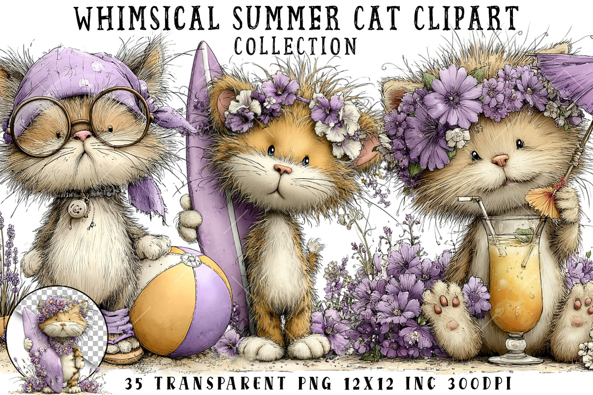 Whimsical Summer Cat Clipart, an Illustration by OK Design (Photo 1 of 6)