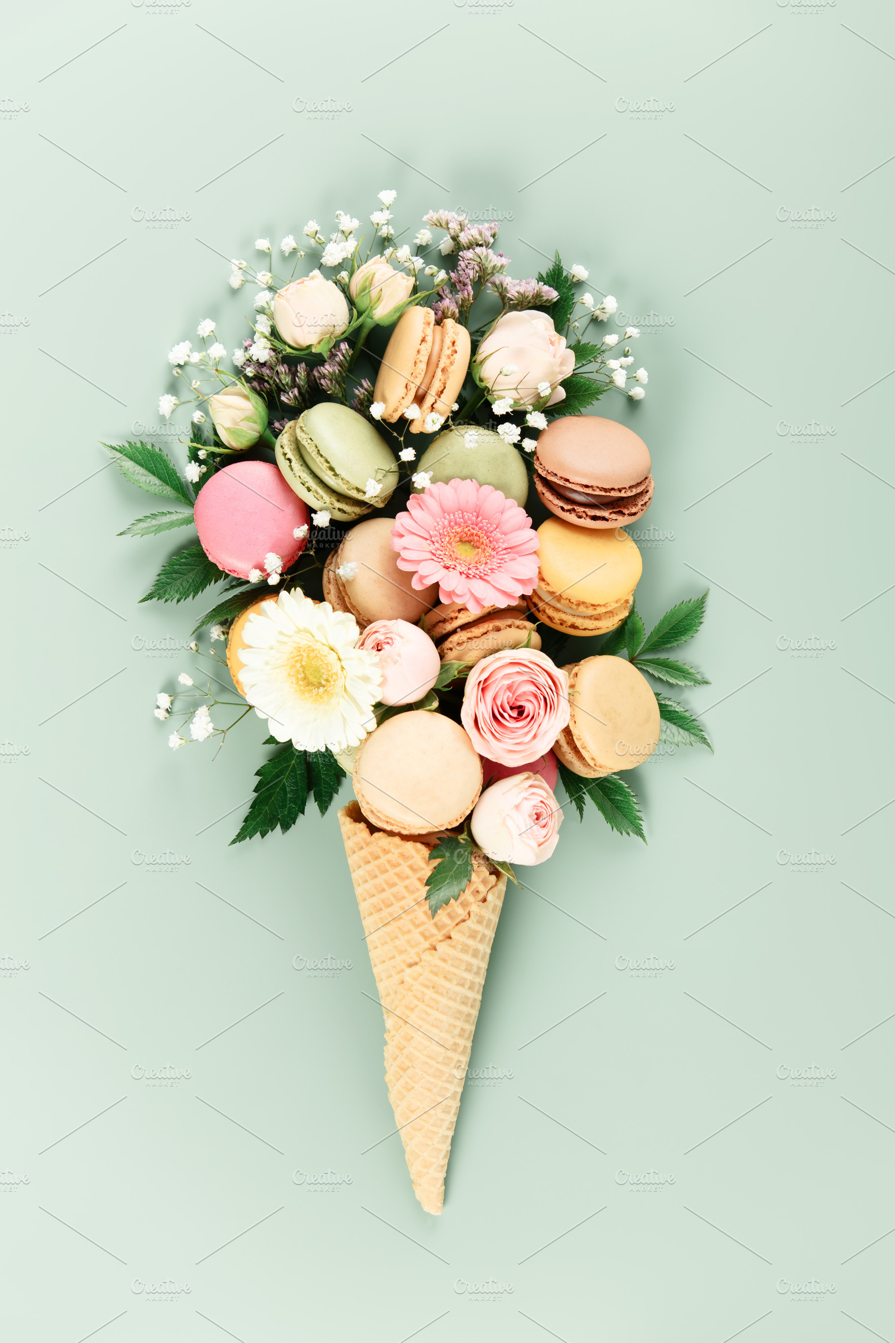 Floral and Macaron Ice Cream Cone on Pastel Green, a Holiday Photo by Natalia Klenova's Shop