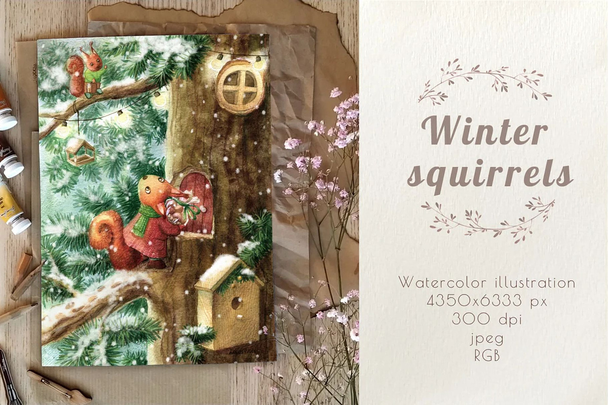 Winter  squirrels illustration, a Decorative Illustration by Lososenok (Photo 1 of 2)