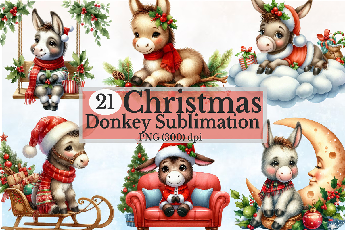Cute Christmas Donkey Sublim Bundle, a Seasonal Illustration by Rose Art (Photo 1 of 4)