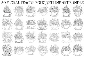 Floral Teacup Line Art Bundle, an Illustration by Gfx_Store