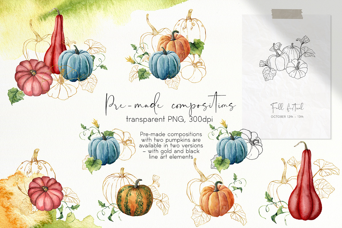 Pumpkins Watercolor pumpkin clipart, a Seasonal Illustration by Yuliya Derbisheva (Photo 6 of 11)