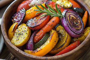 Rustic Bowl of Roasted Vegetables on Wooden Table, a Photo by Natalia Klenova's Shop
