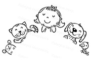 Cartoon girl with pets. Border frame, an Animal Illustration by Bubert Art (Thumbnail 2 of 2)