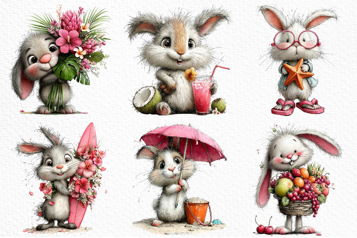Whimsical Summer Bunny Clipart, an Illustration by Craft Nest (Photo 3 of 12)