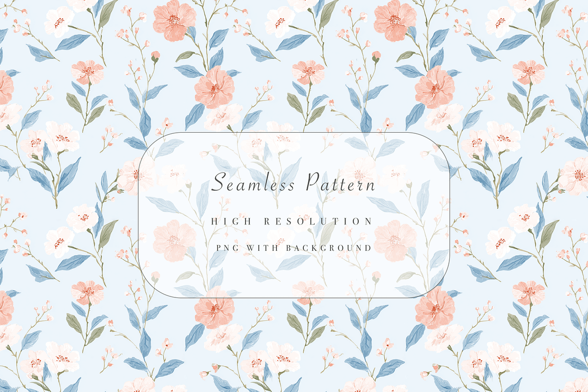 Blush Blue Floral Seamless Pattern PNG
