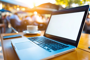 Home office setup featuring modern laptop, coffee cup, and bright natural light, a Business Photo by AlyaAnd