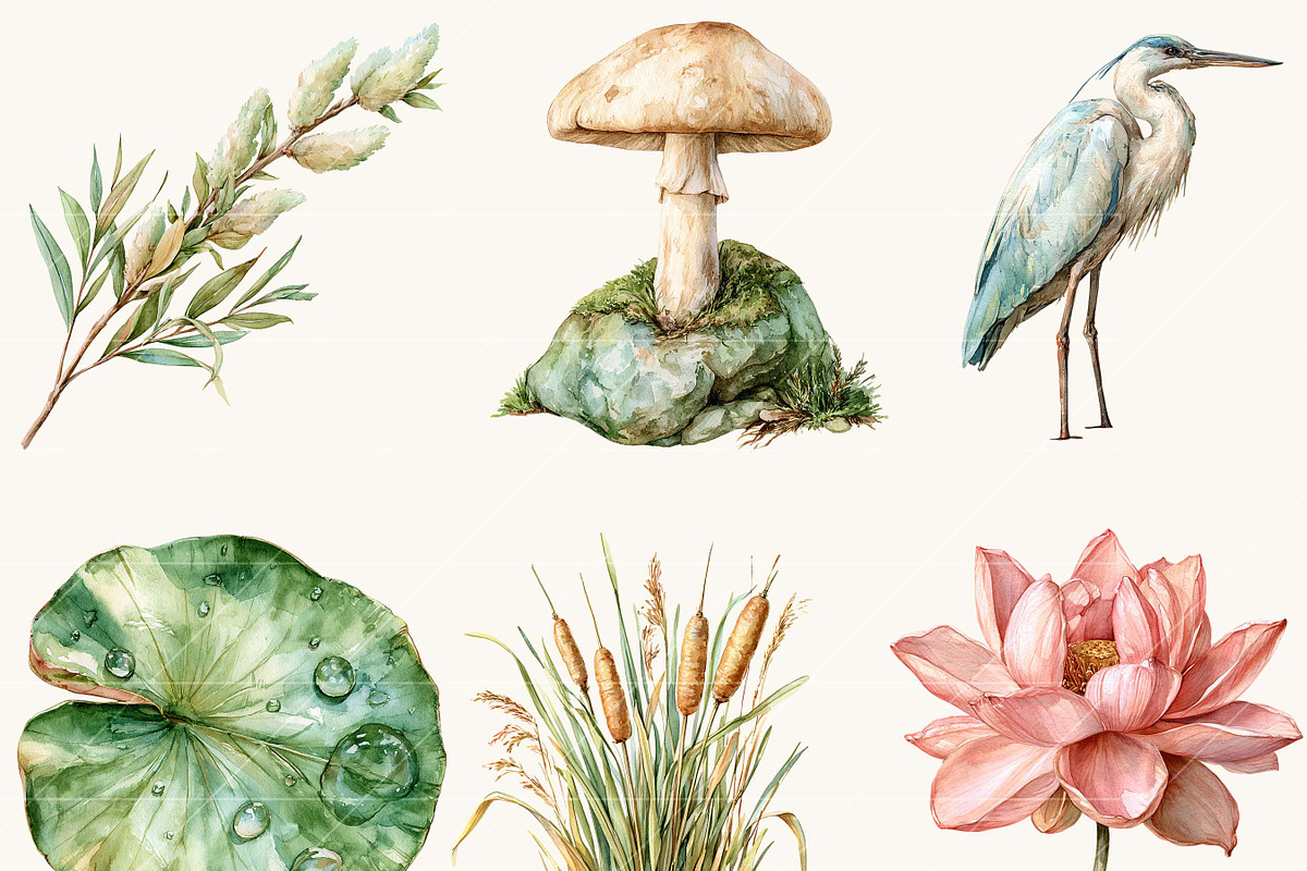 Watercolor Summer Pond Nature, an Object Illustration by BusyDaydesign (Photo 3 of 9)