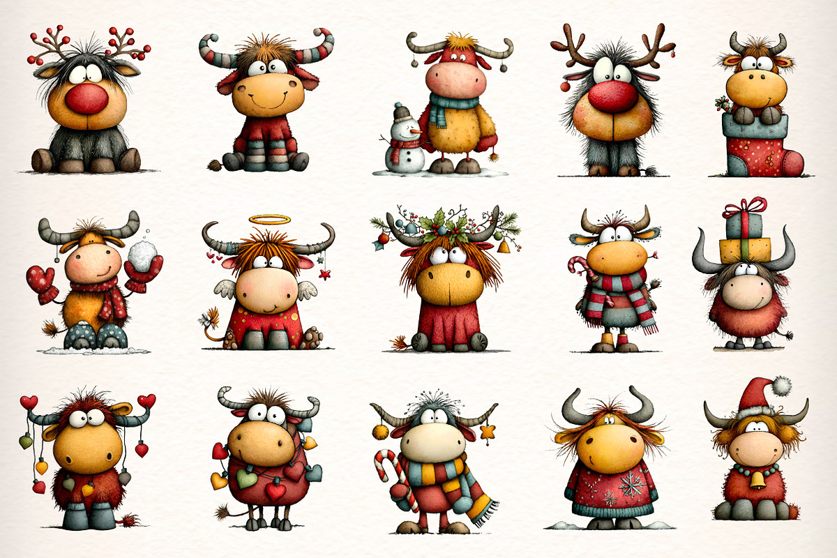 Funny Christmas Highland Cow Clipart, an Illustration by Dream Creation (Photo 4 of 7)