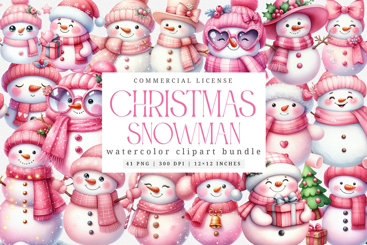 Watercolor Pink Snowman Clipart, an Illustration by SinaCreation (Photo 1 of 7)