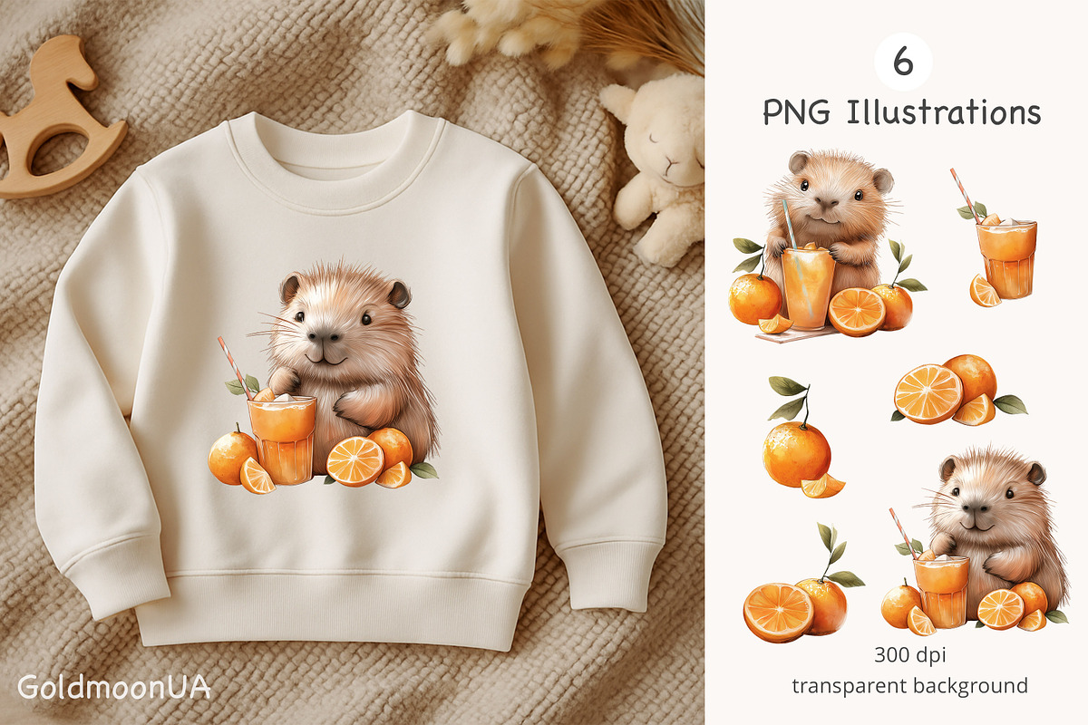 Capybara & Orange Pattern & Clipart, an Animal Illustration by GoldmoonUA (Photo 3 of 5)