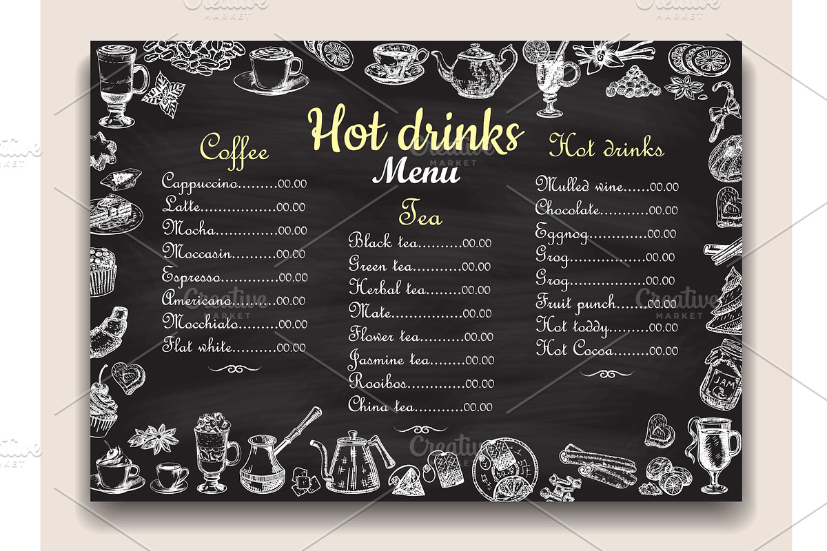 Hot drinks chalkboard menu list, a Food Illustration by Siberian Art