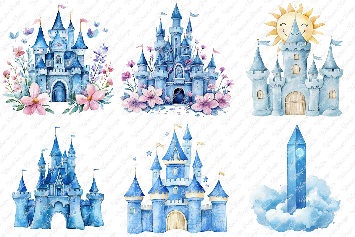 Blue Fairytale Castle Clipart, an Illustration by Watercolor design (Photo 3 of 11)