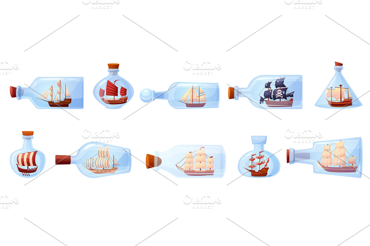 Sailboats in bottles. Vintage wooden, an Object Illustration by LadadikArt