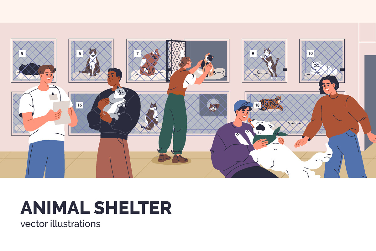 Volunteers & pets at animal shelter, an Animal Illustration by Good Studio (Photo 1 of 10)