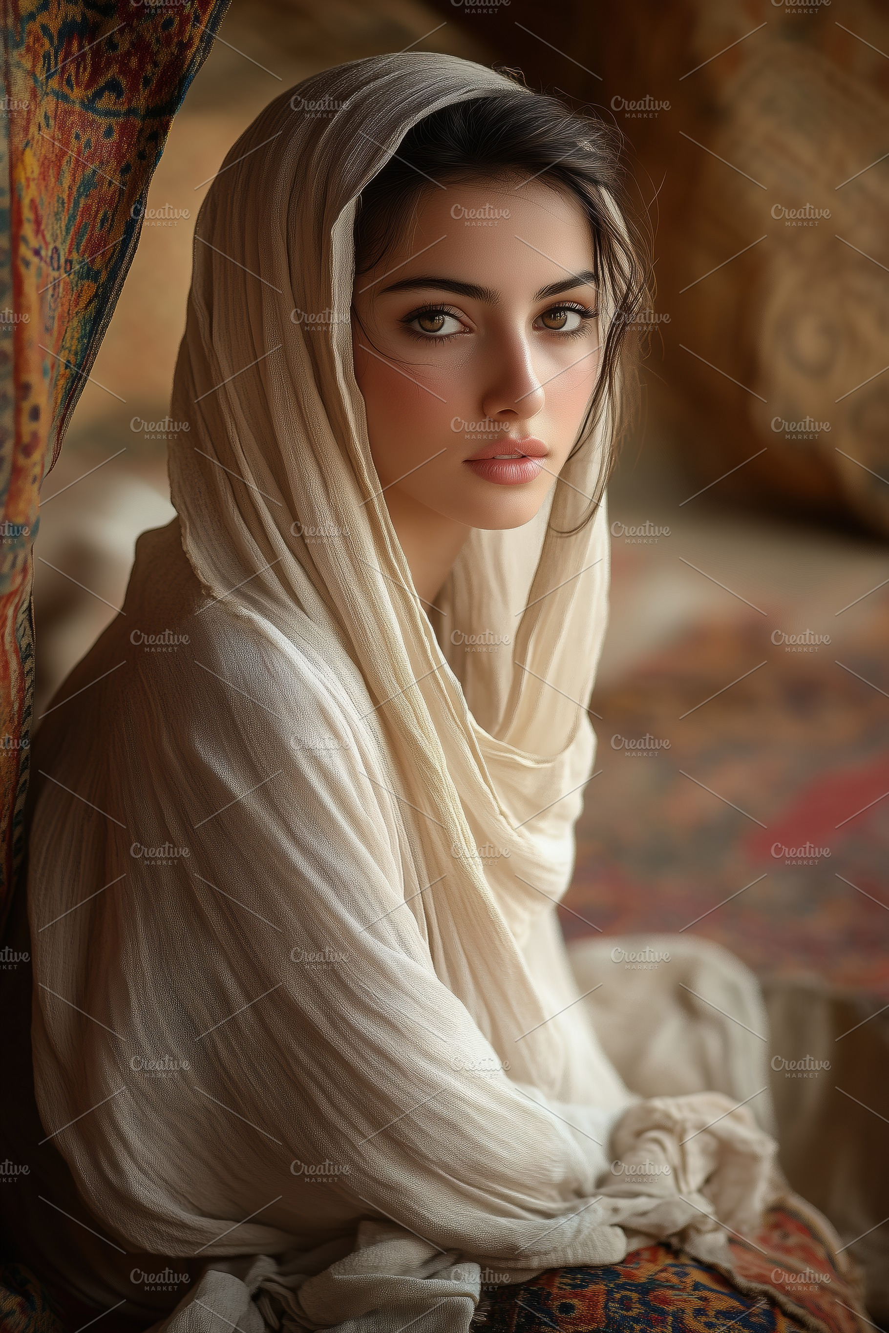 A portrait of a young arabic woman with long dark hair, wearing a light-colored, a Person Photo by Textures & Backgrounds