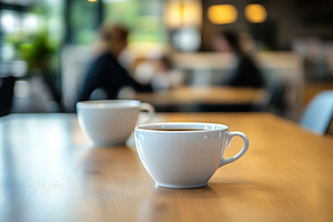Cups of coffee and tea placed, a Photo by Pavel_design