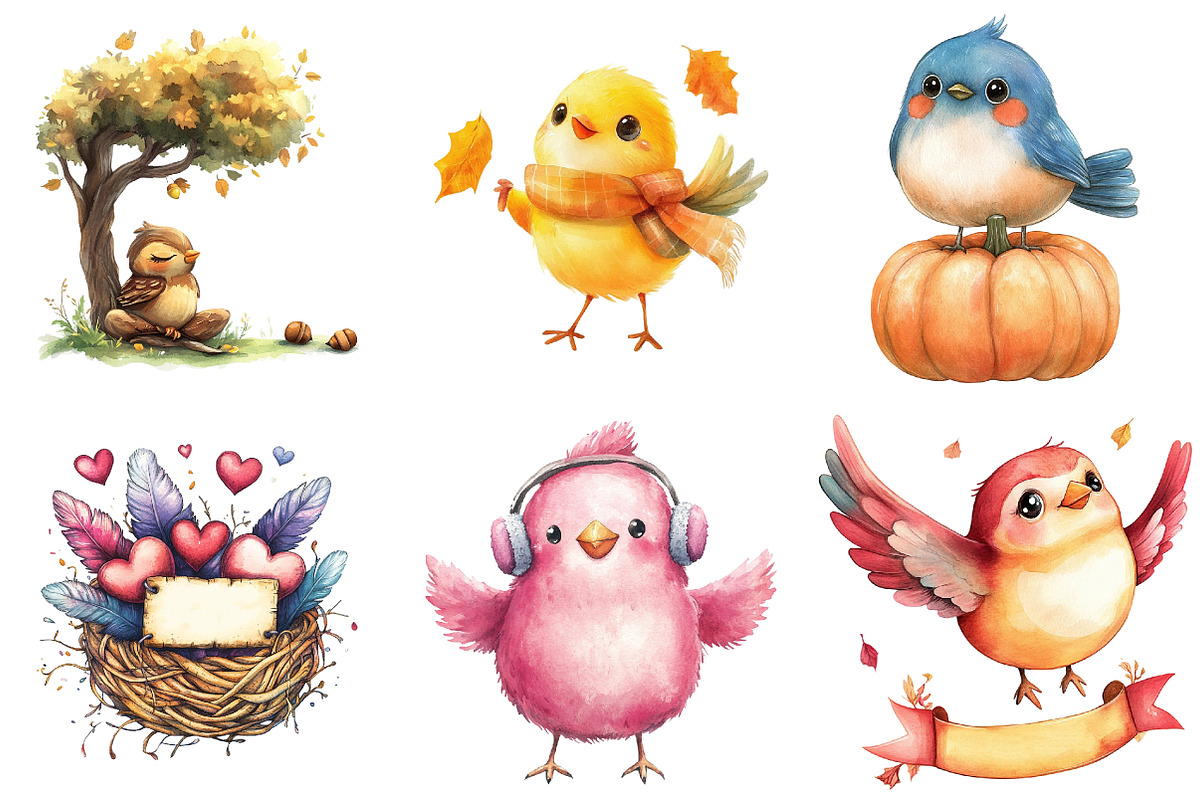 Positive Whimsical Fall Birds Clipar, an Illustration by Watercolor design (Photo 3 of 5)