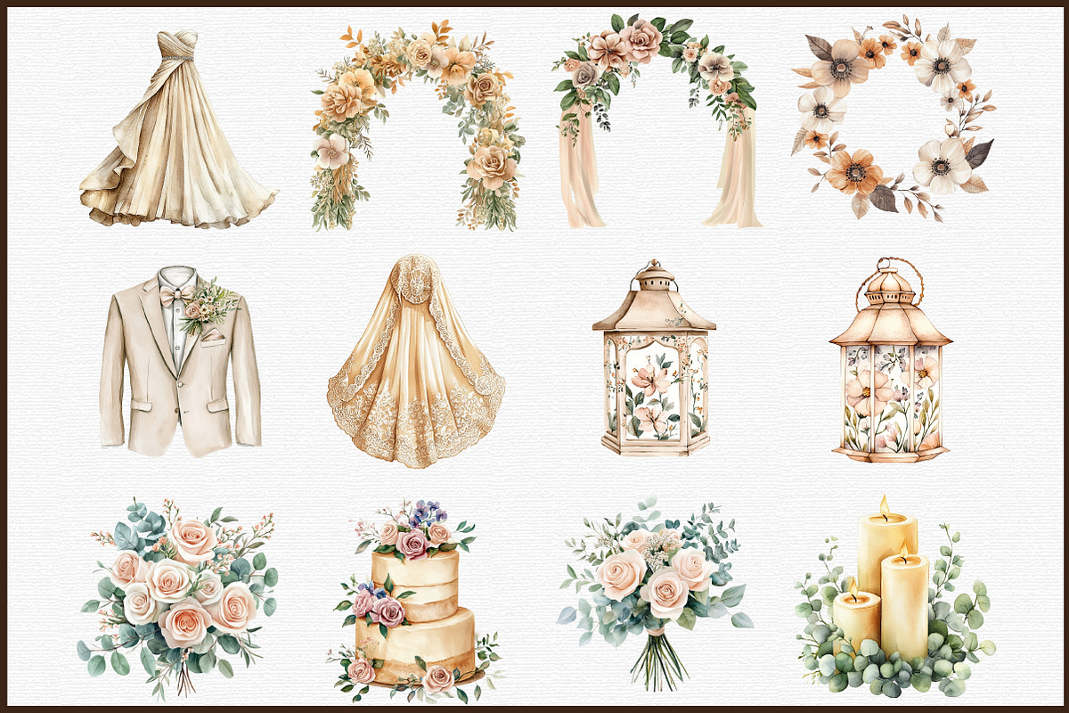 Watercolor Beige Wedding Clipart Set, an Illustration by Sublimation Artist (Photo 3 of 6)
