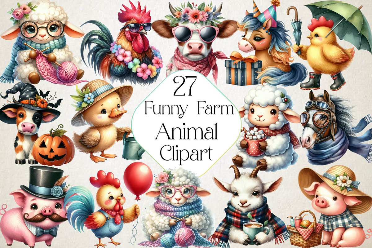 Funny Farm Animal Clipart Bundle, an Illustration by DreamPrint404 (Photo 1 of 6)