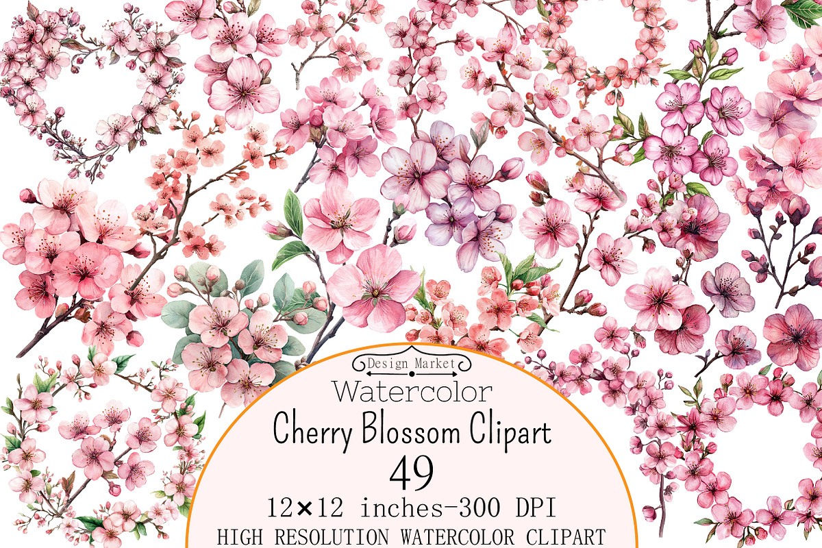 Watercolor Cherry Blossom Clipart, a Seasonal Illustration by Design Market (Photo 1 of 5)