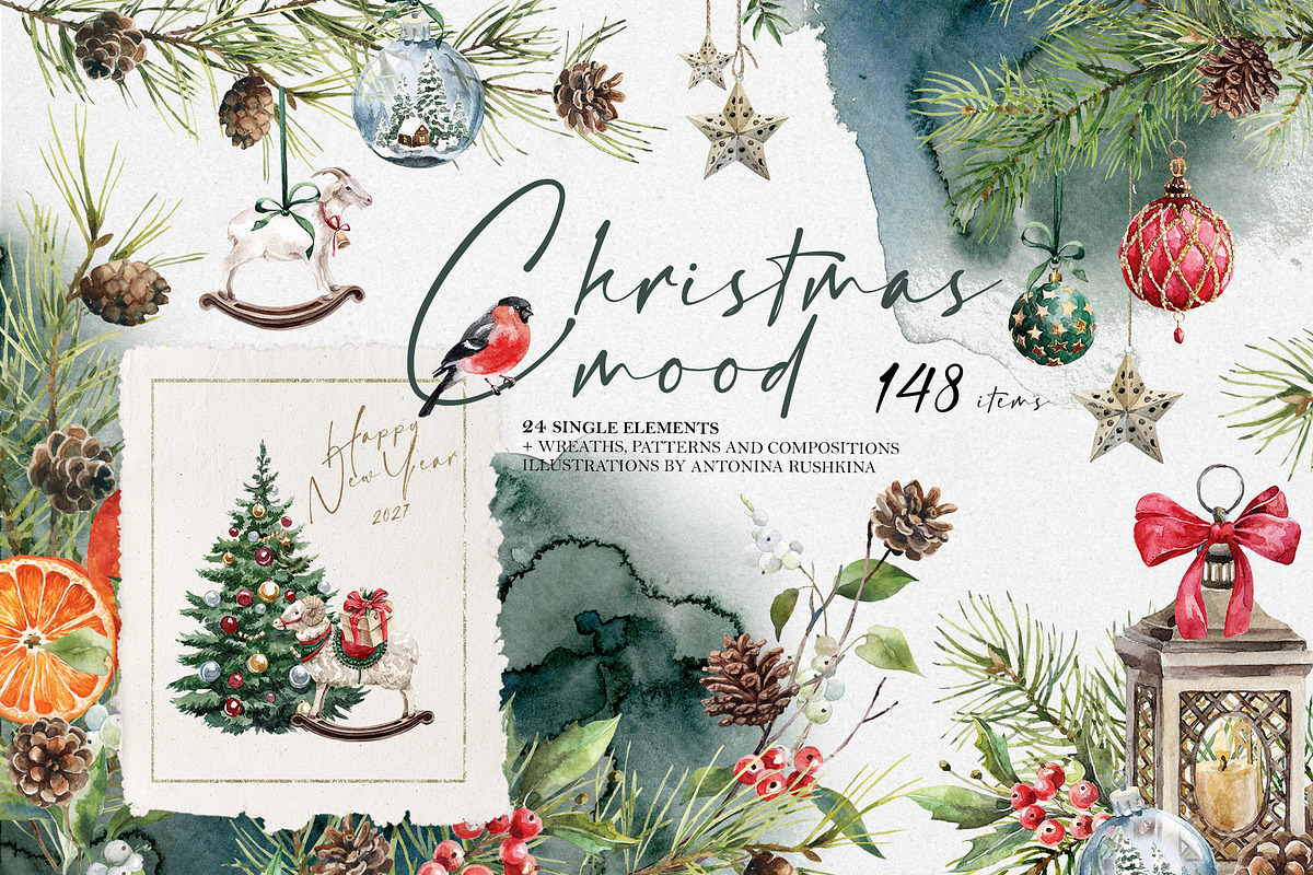 Christmas Mood. Watercolor clipart., a Seasonal Illustration by RushkinaAntonina (Photo 1 of 11)