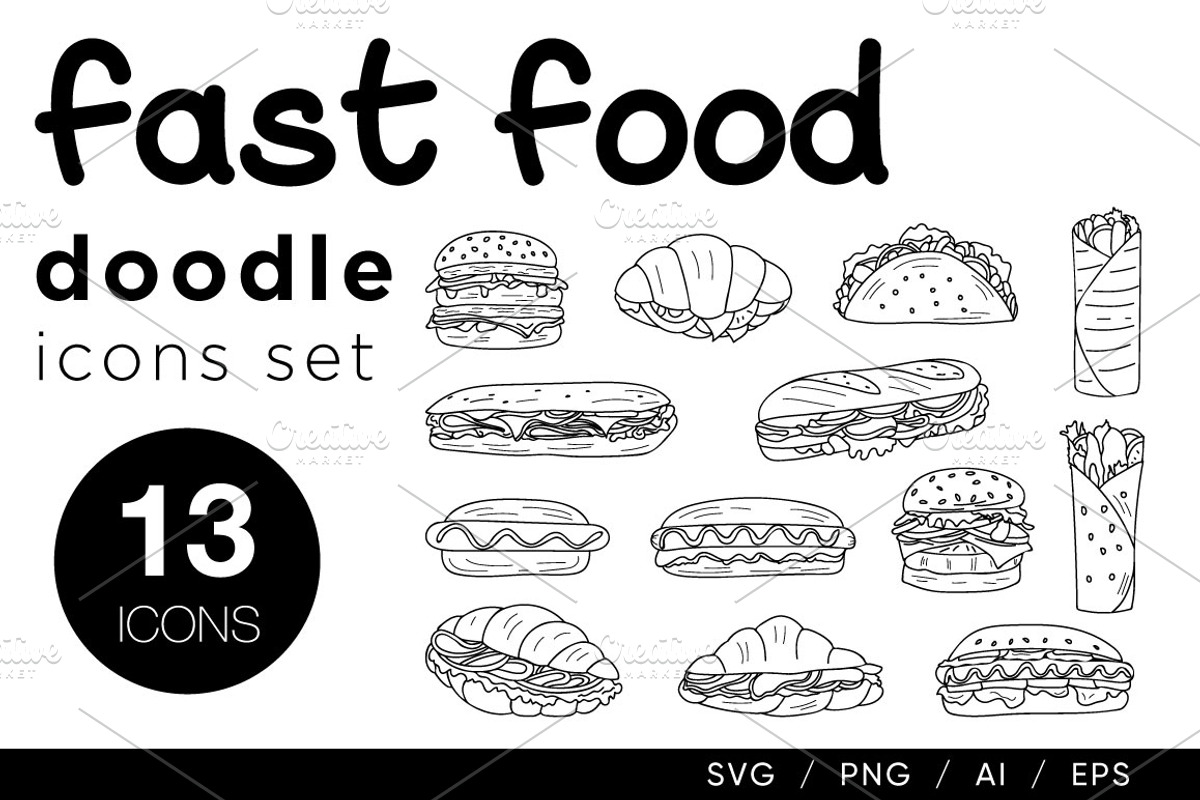 Fast food doodle icons collection, an Outline Icon by Gulnarart (Photo 1 of 3)