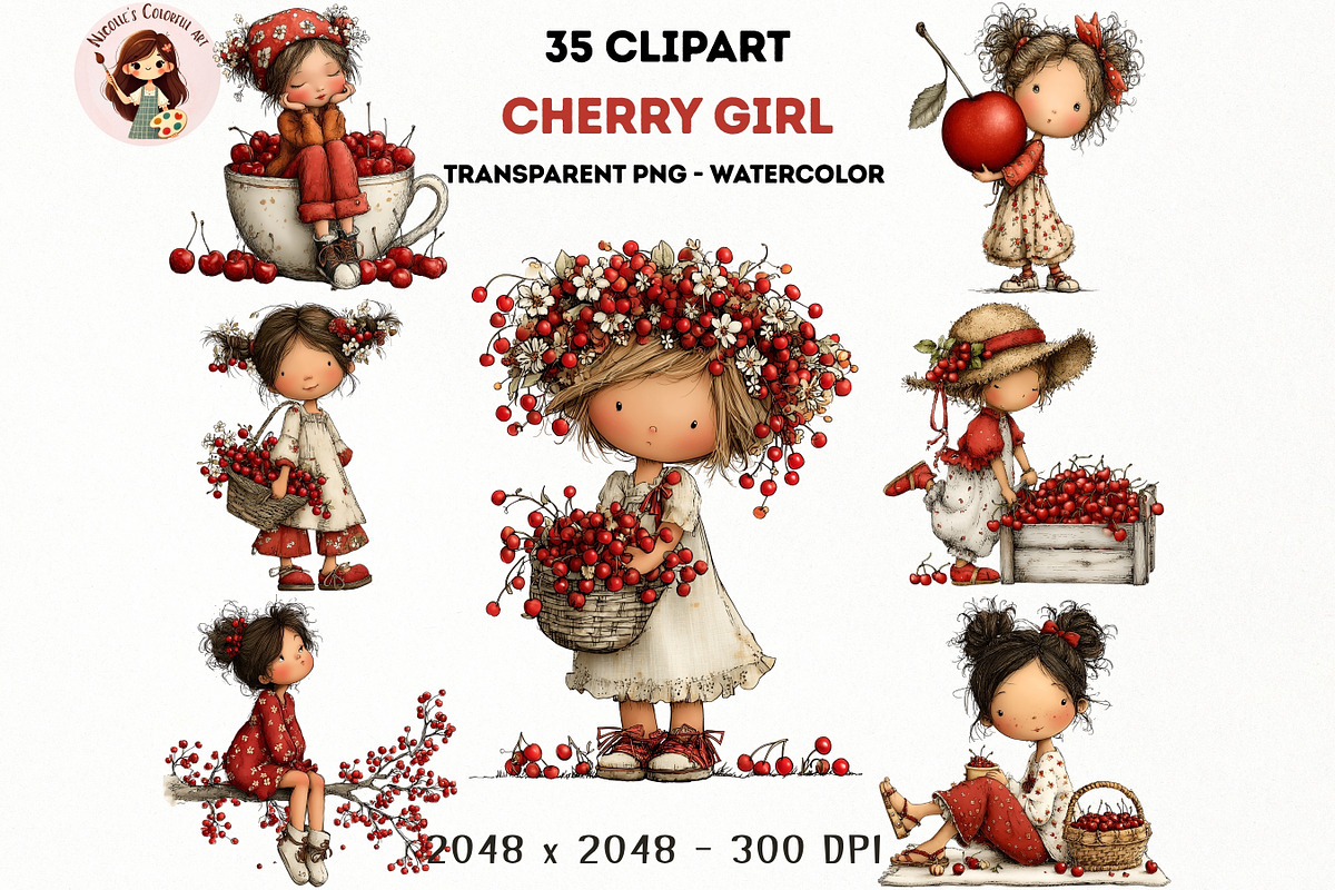 Cherry Girl Watercolor Clipart, a Person Illustration by Nicolle's Colorful Art (Photo 9 of 10)