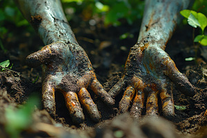 Hands covered in soil during gardeni, a Photo by Tanuart