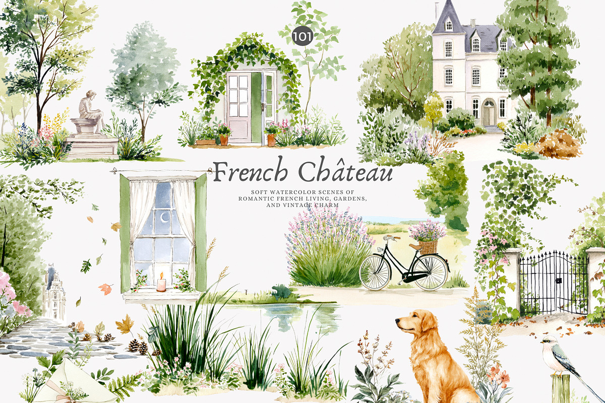 French Château watercolor clipart, a Decorative Illustration by Patishop Art (Photo 2 of 10)
