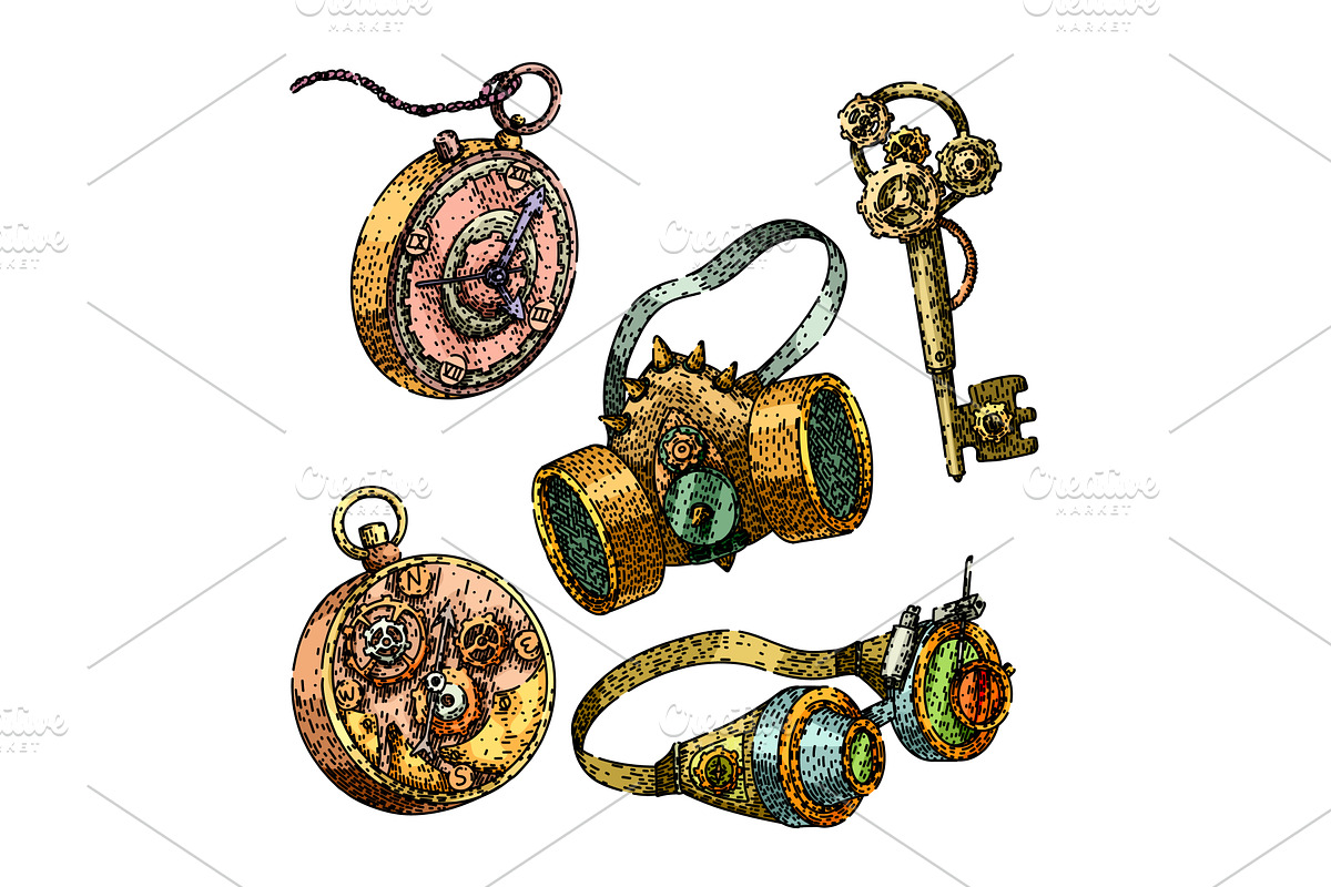 steampunk device set sketch hand, an Illustration by pikepicture