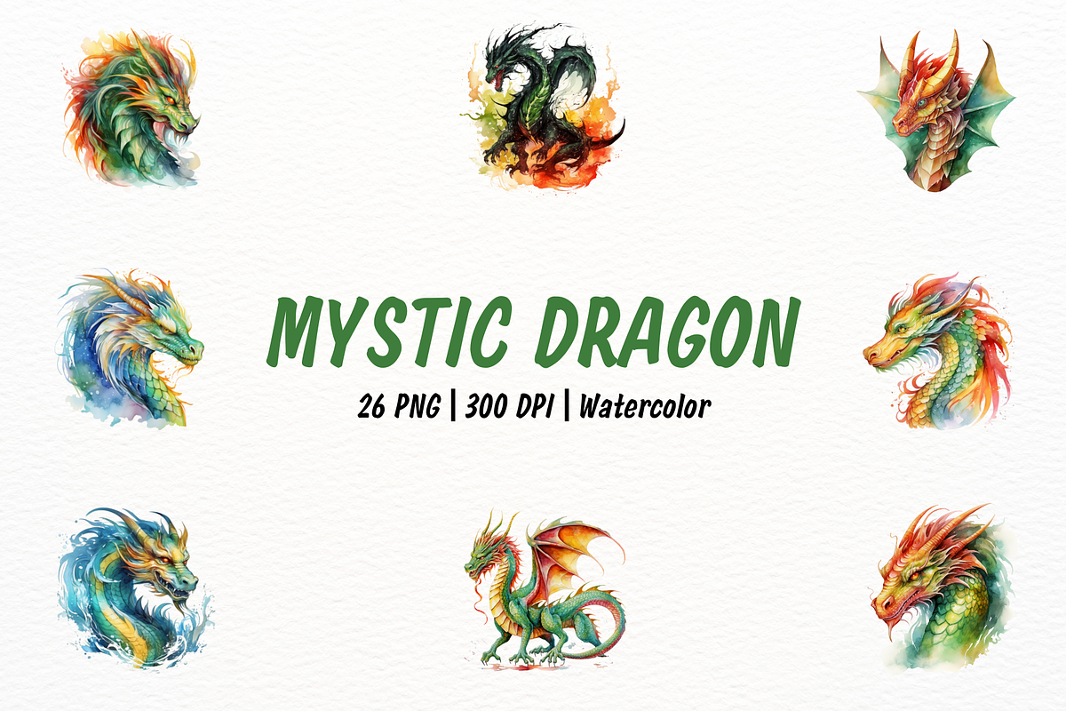 Mystic Dragon Watercolor Clipart, an Animal Illustration by New-School-Wave (Photo 1 of 5)