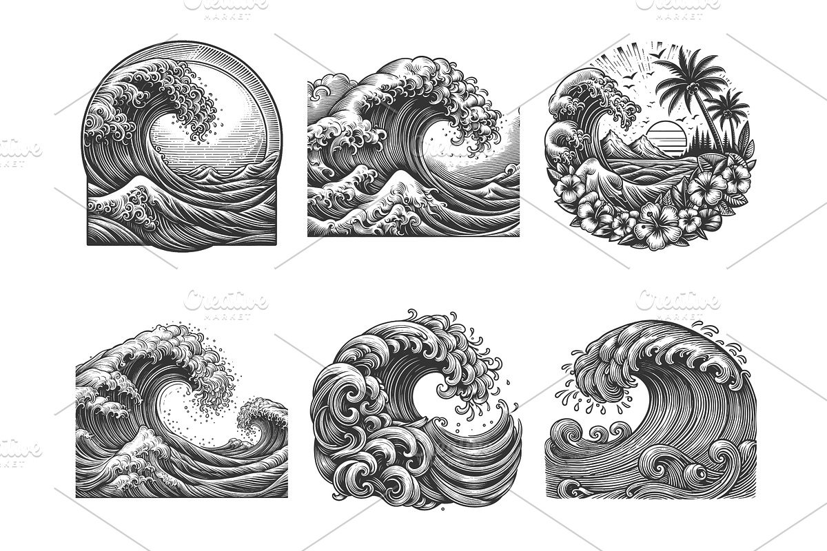 Ocean Wave engraving set vector, an Illustration by AlexArt