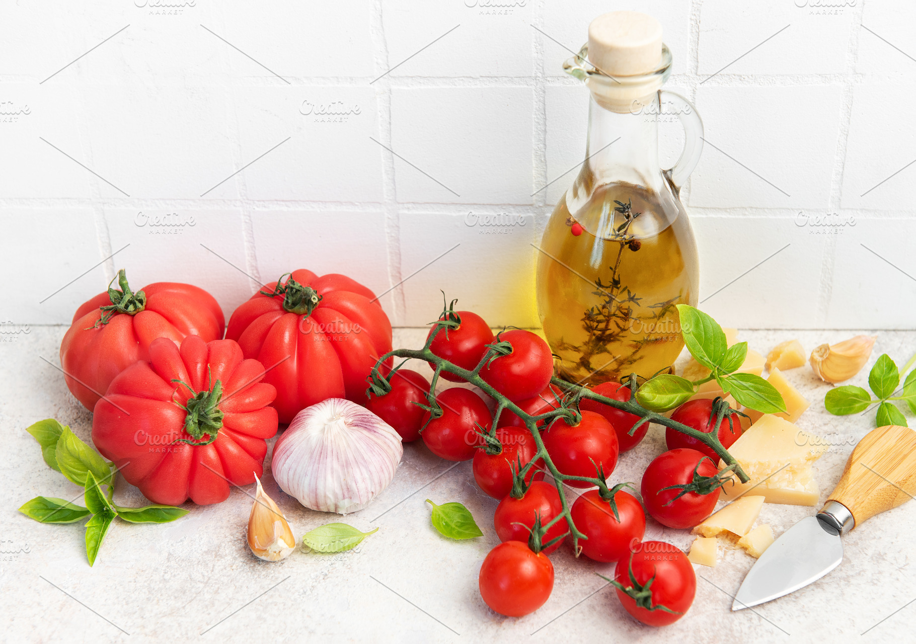 Fresh italian ingredients creating healthy cooking food backgrou, a Food & Drink Photo by Olena Rudo