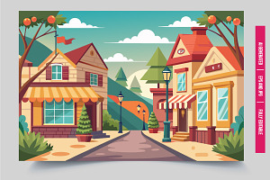 Colorful town street scene, an Illustration by Tanuart