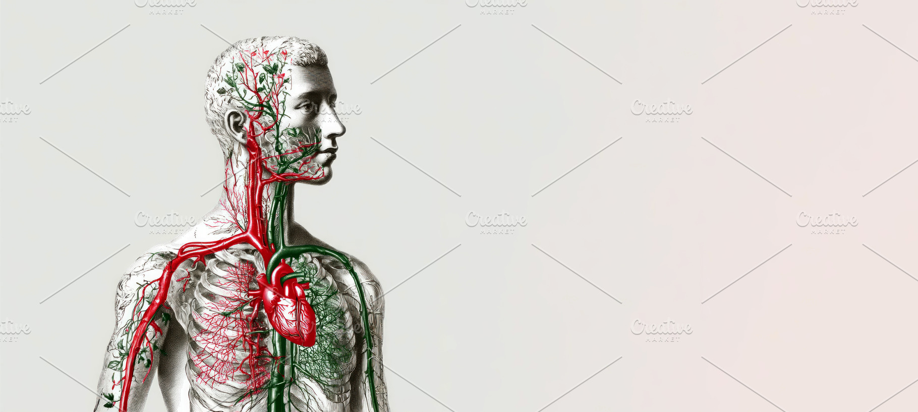 Anatomical illustration of male upper body showing detailed circ, a Health & Medical Photo by José Manuel Gelpi