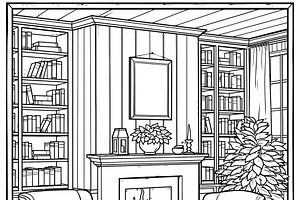 Bookshelves lining walls in a cozy living room, featuring a burning fireplace,, an Illustration by Studio ANNA