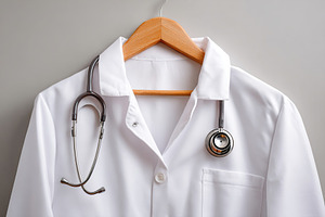 Doctor coat hanging with a stethoscope in a calm medical environment, a Health & Medical Photo by AlyaAnd